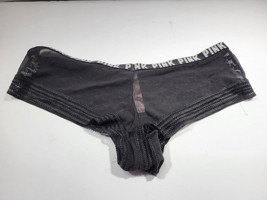 PINK Victoria’s Secret Boyshort Panties Womens XS Black Lace Logo Waist Sheer