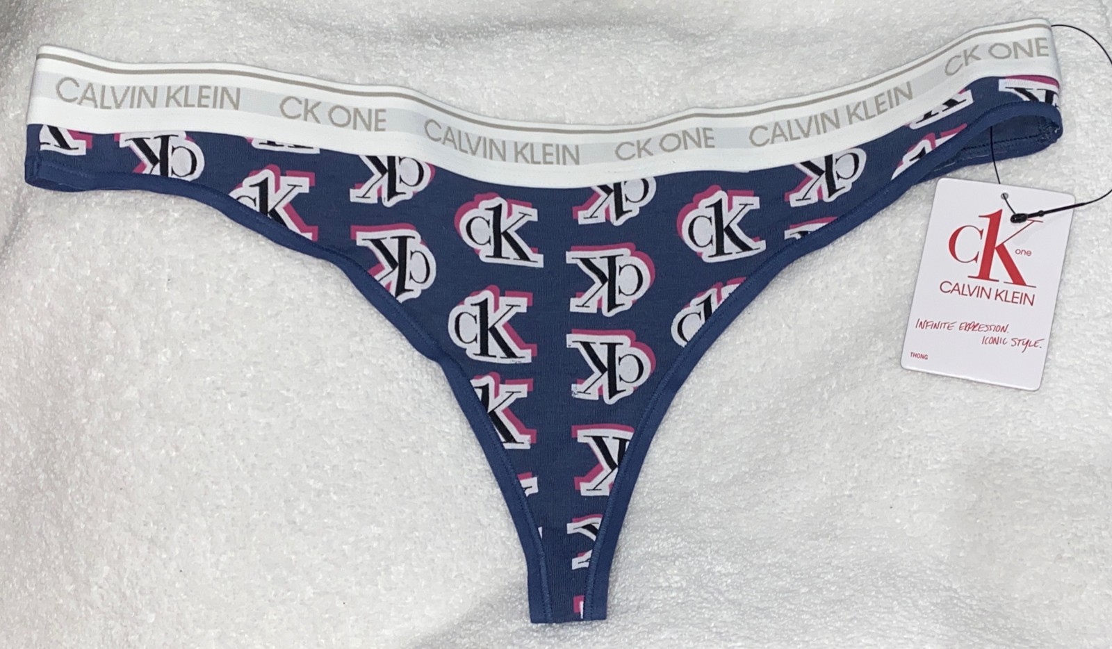 CALVIN KLEIN CK One Cotton Logo Step Print Blue White Thong Panty Women X M L XL