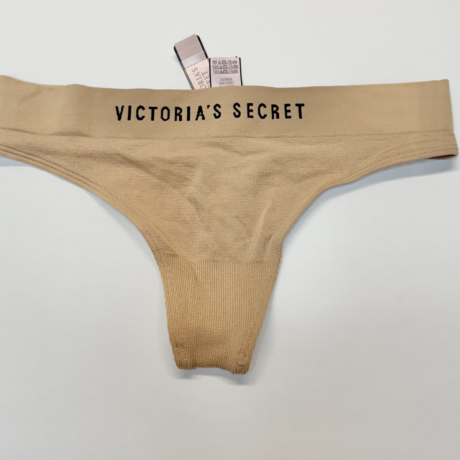 Set of 2 Vintage Victoria’s Secret Logo Band Soft Nude Black Thong Panties Med