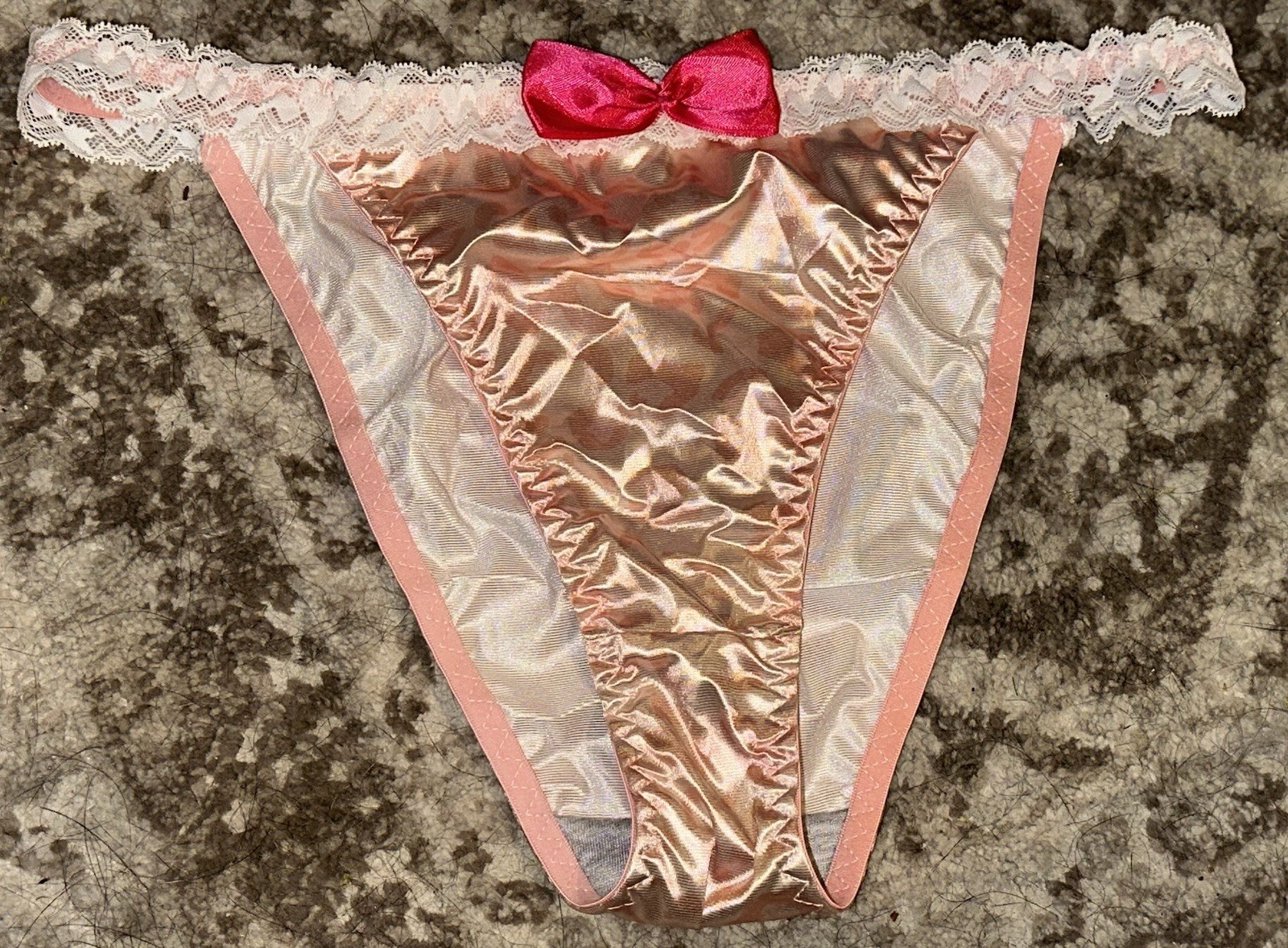 Vtg Styl Peach Animal Print 2nd Skin Satin & Lace String Bikini Panties XXL NEW