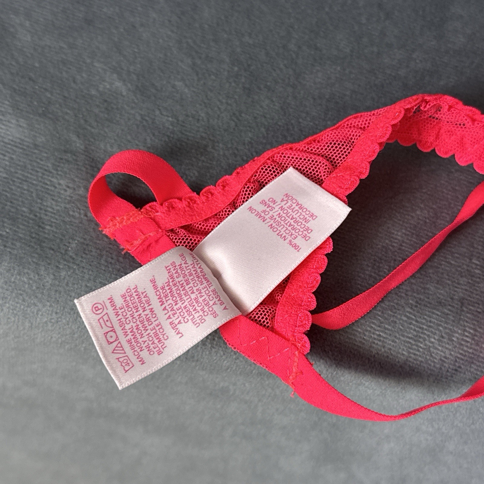 Y2K Victoria’s Secret Thong Panties Large Neon Hot Pink Swiss Dot 2013 Sheer Bow