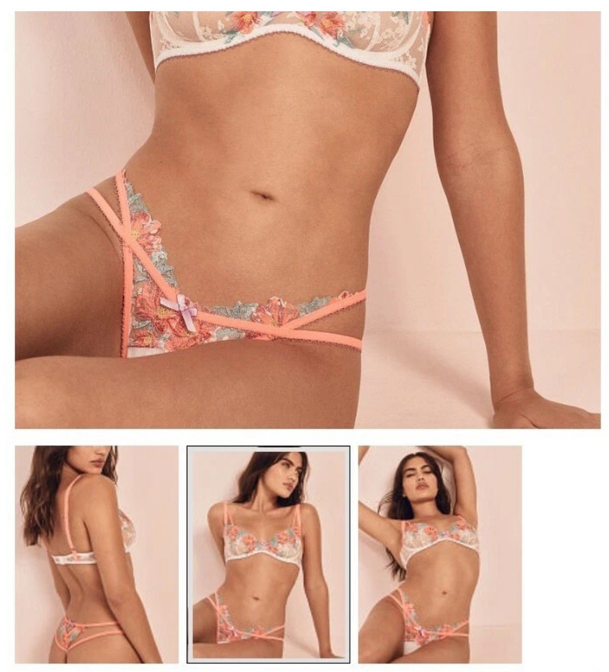 NWT VS For Love and Lemons strappy poppy floral lace v string neon Pink XXS 2XS