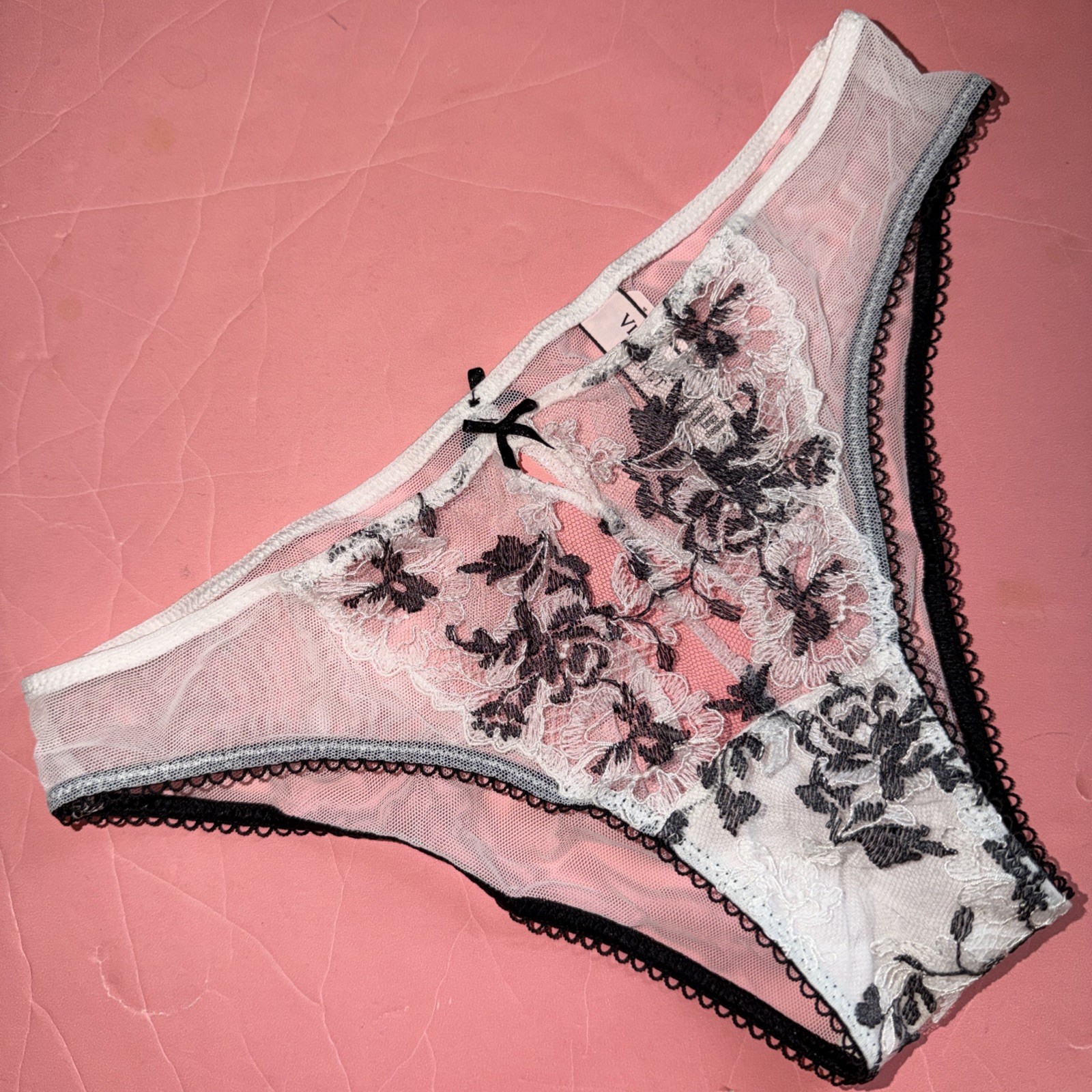 Victoria’s Secret XS PANTY Black White MESH Floral Embroidery Velvet DREAM ANGEL