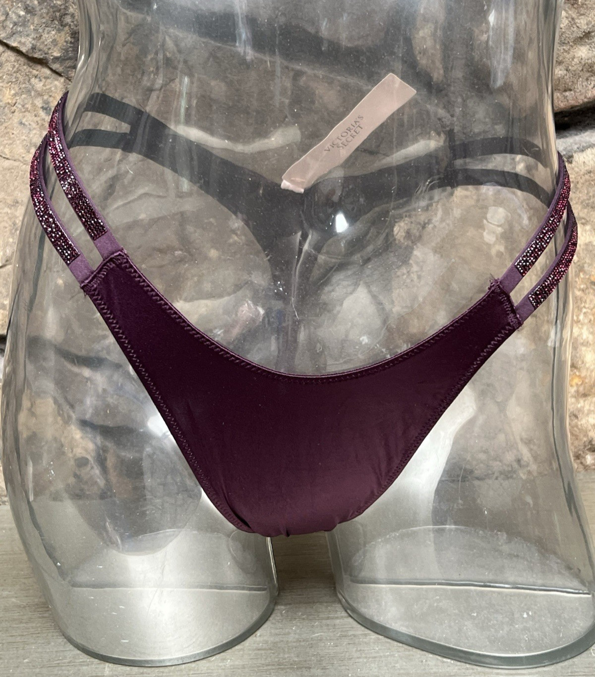 Victoria’s Secret VERY SEXY Double Shine Strap Satin THONG Panty XS DKPURPLE NWT