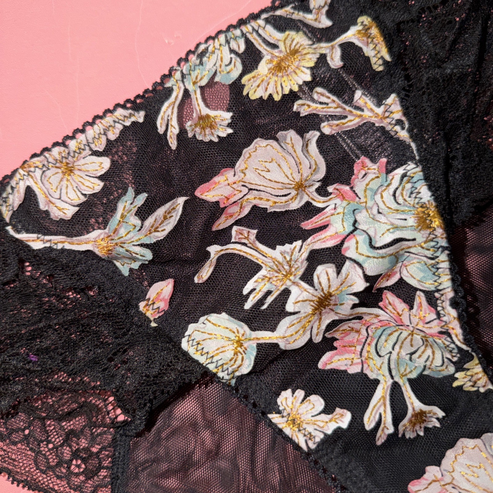 Victoria’s Secret M panty Black GREEN TEAL Pink Yellow FLORAL APPLIQUE MESH lace