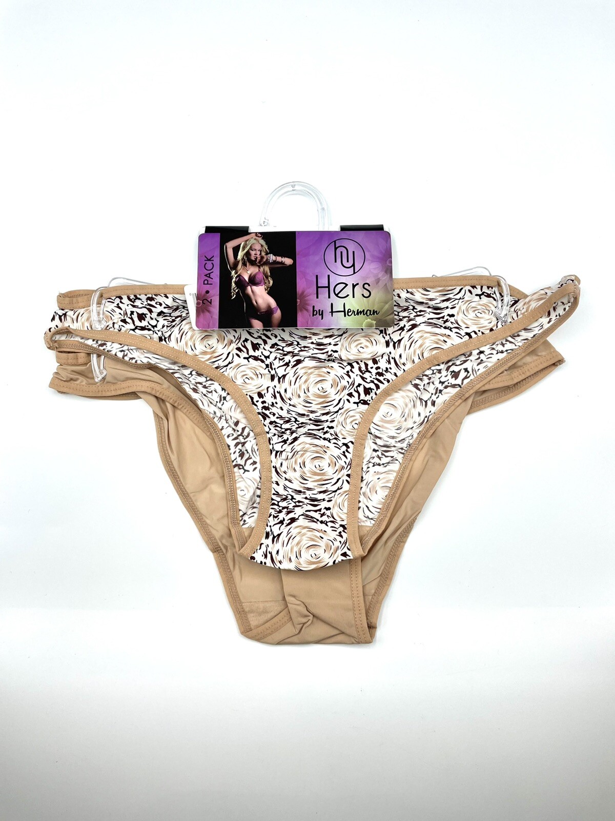 New 2 pairs Hers by Herman Bikini Panties Stretchy Size L -Tan / Tan Print
