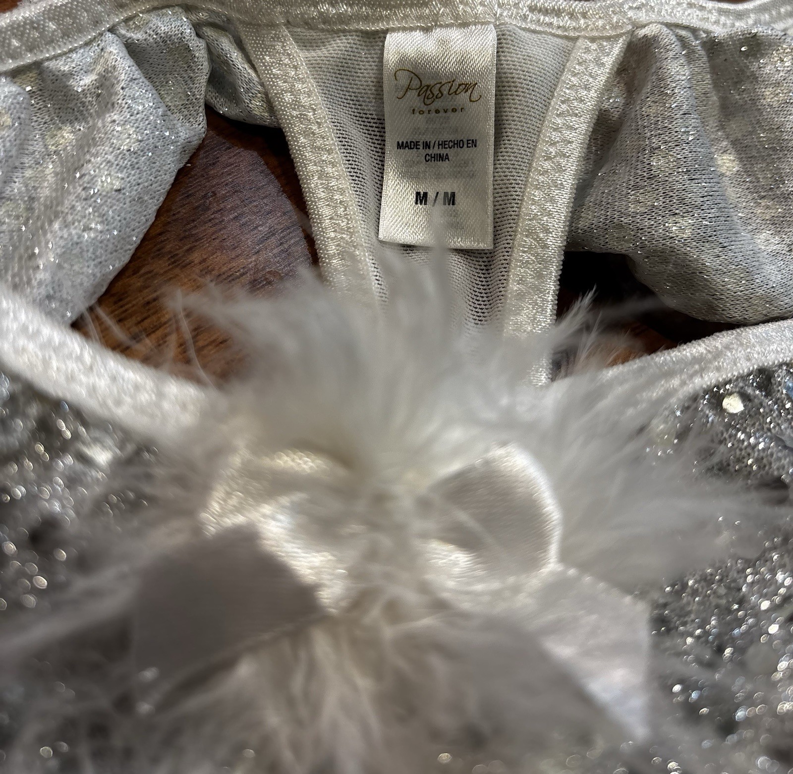 VTG Passion Forever Mesh Sequin Thong Medium Bling “SNOW BUNNY” White Sissy NWT