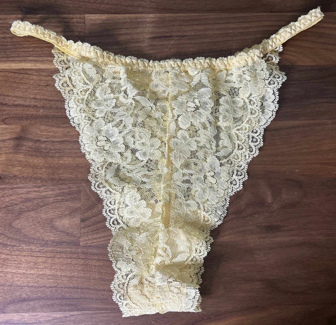 Vtg Floral lace String Bikini Panties SIZE M/L Yellow Sheer Sexy Hi Cut