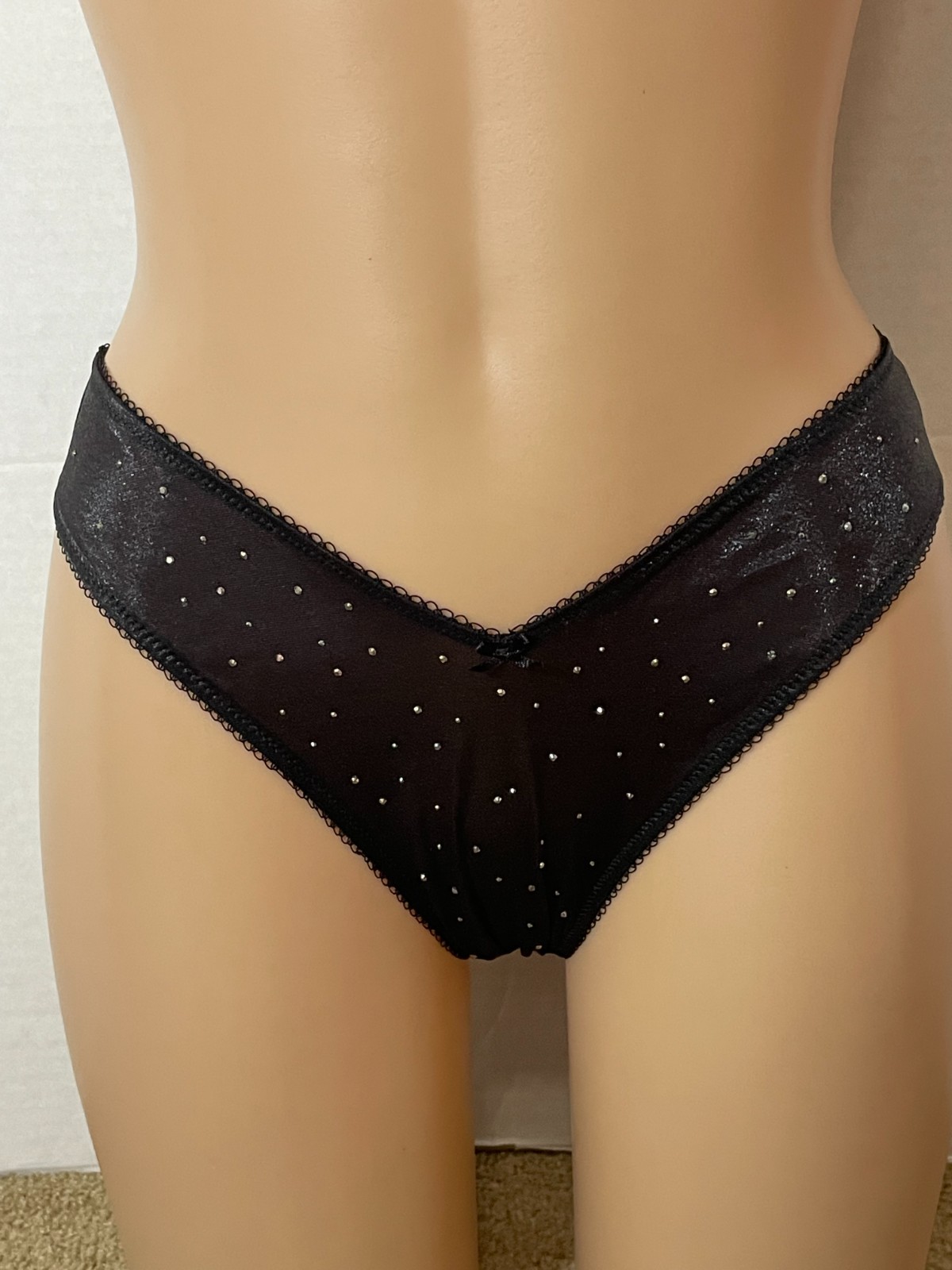 VICTORIA’S SECRET Crystal Shimmer Brazilian Panty RHINESTONE Silky Black V-Cut S