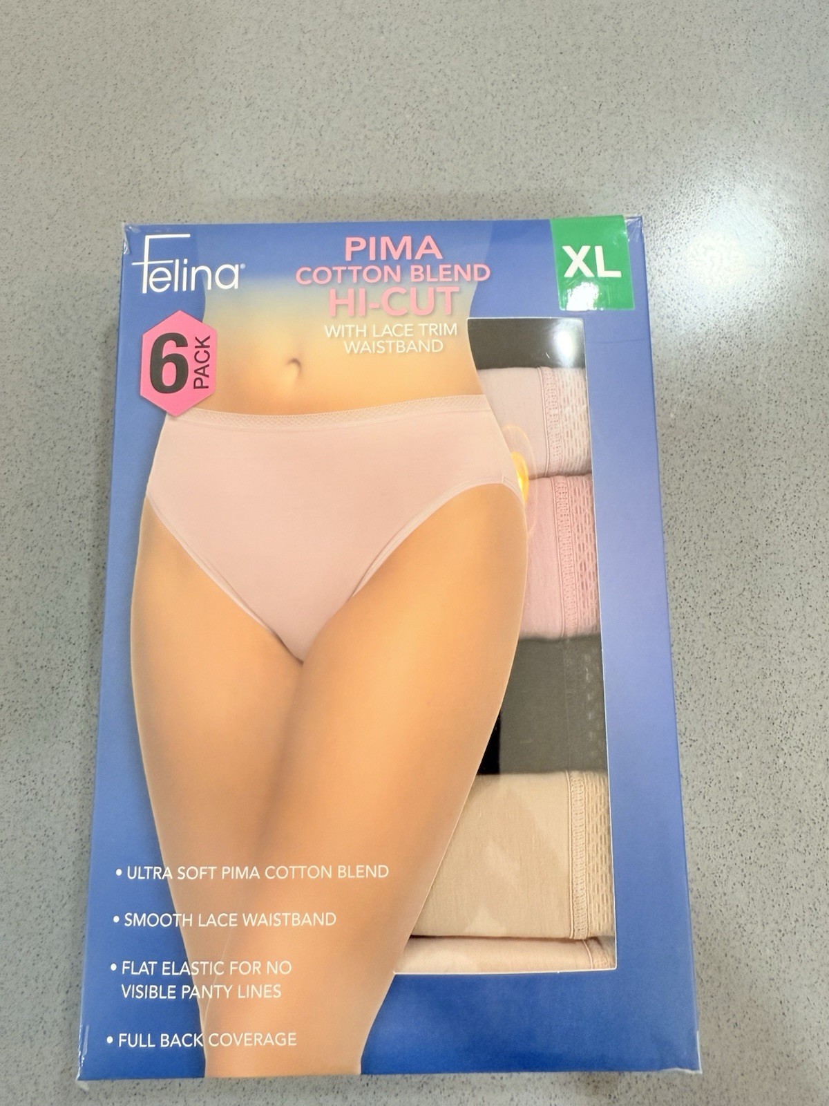 Felina Women’s Pima Cotton Blend Hi – Cut With Lace Trim Waistband 6 Pack XL