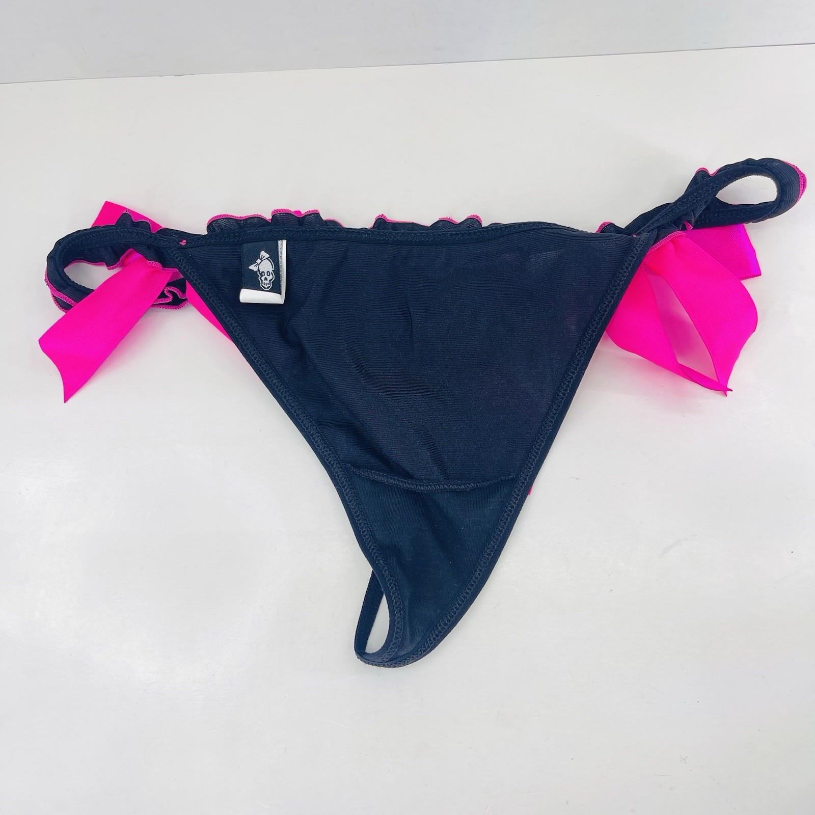 Morbid Threads Vintage Y2K Punk Goth Sexy Dancer Black Hot Pink Bow Thong L READ