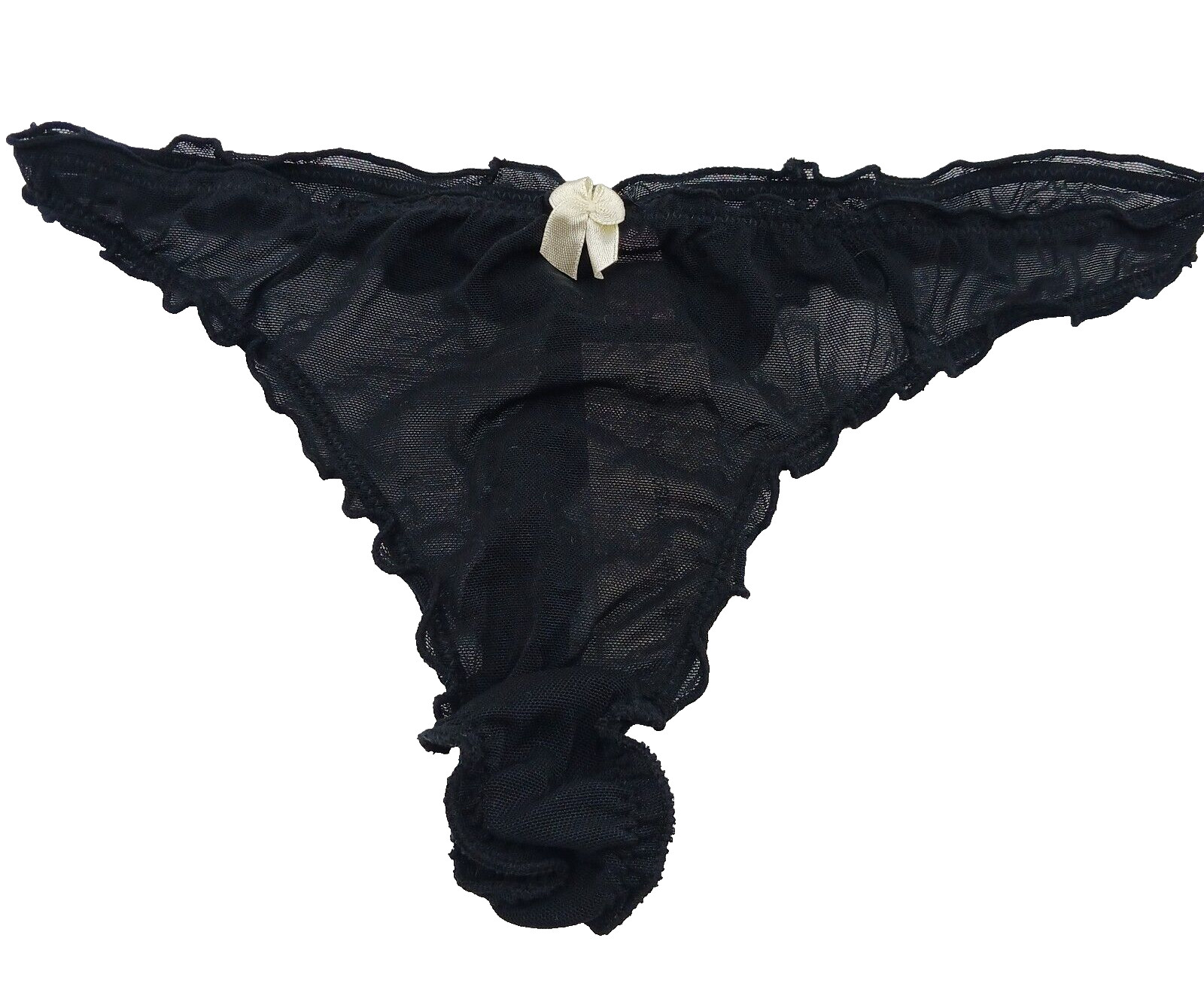 La Mariposa Thong Panty Women’s Large Mesh Black Bow Front Ruffled Edges New