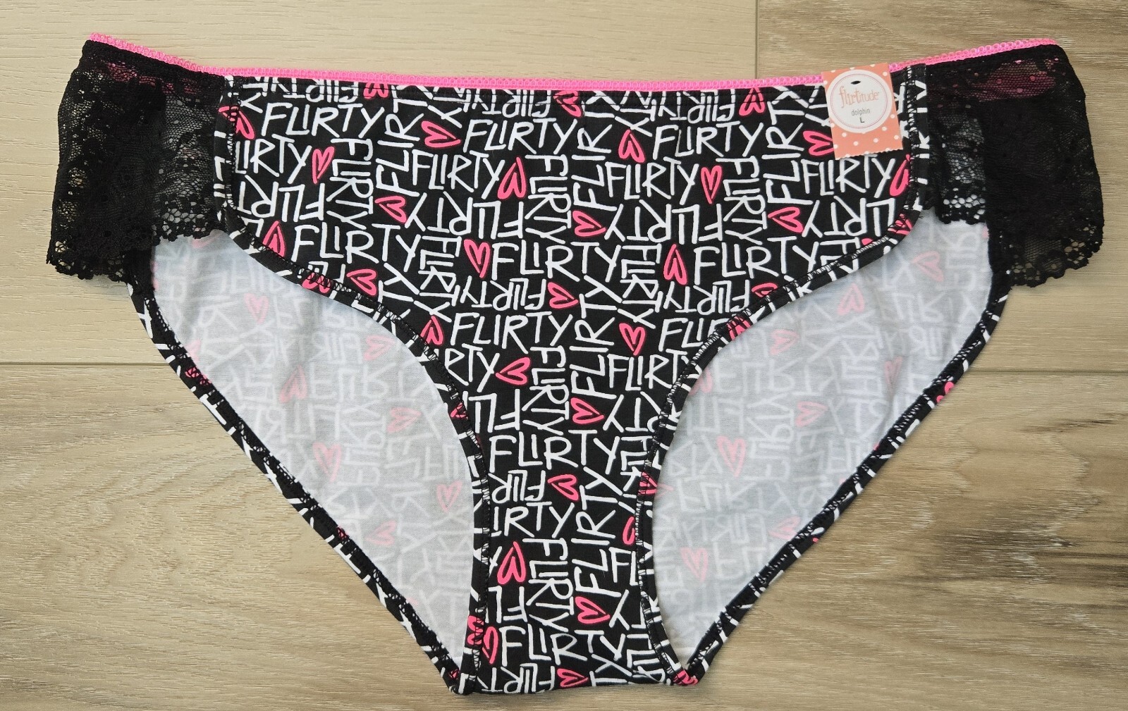 NWT Flirtitude Dolphin Flirt Graffiti Black Cotton Lace Bikini Panties L XL