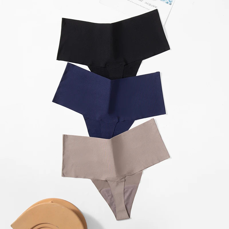 Seamless Satin Thong Panties High Waist Women’s V Cut Stretch Underwear 3 Pcs