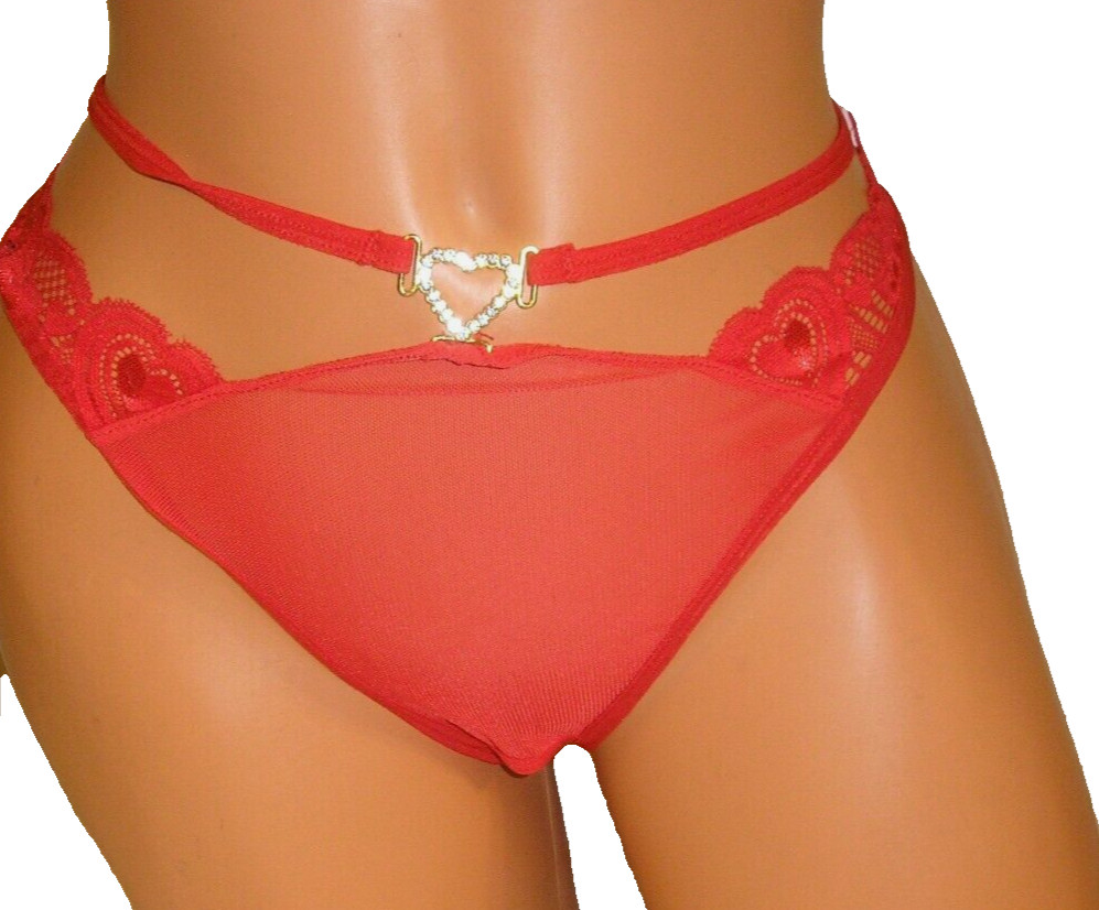 Metal Heart Red Mesh Lace Crotchless Open Back Panties Lingerie, XL Adult Gift