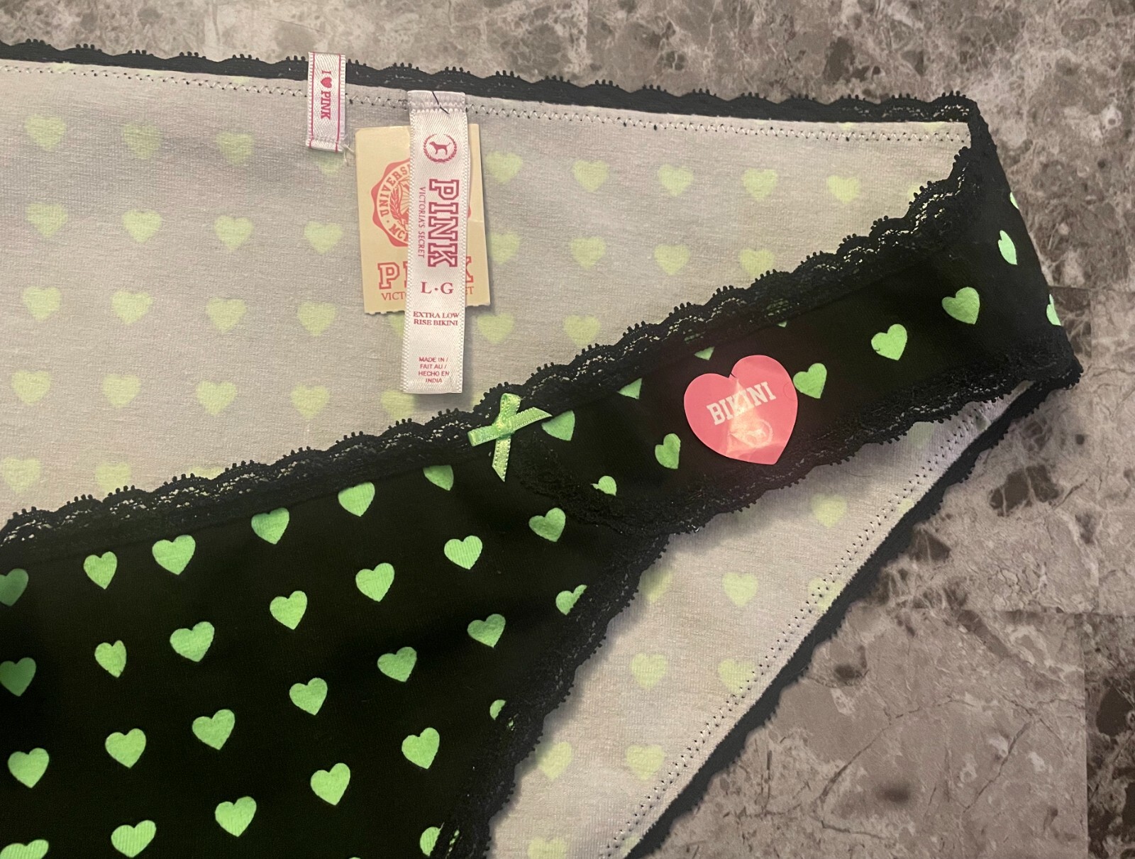NWT VICTORIA’S SECRET PINK L BLACK NEON GREEN HEART VINTAGE RARE BIKINI PANTIES