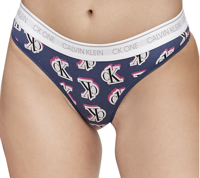 CALVIN KLEIN CK One Cotton Logo Step Print Blue White Thong Panty Women X M L XL