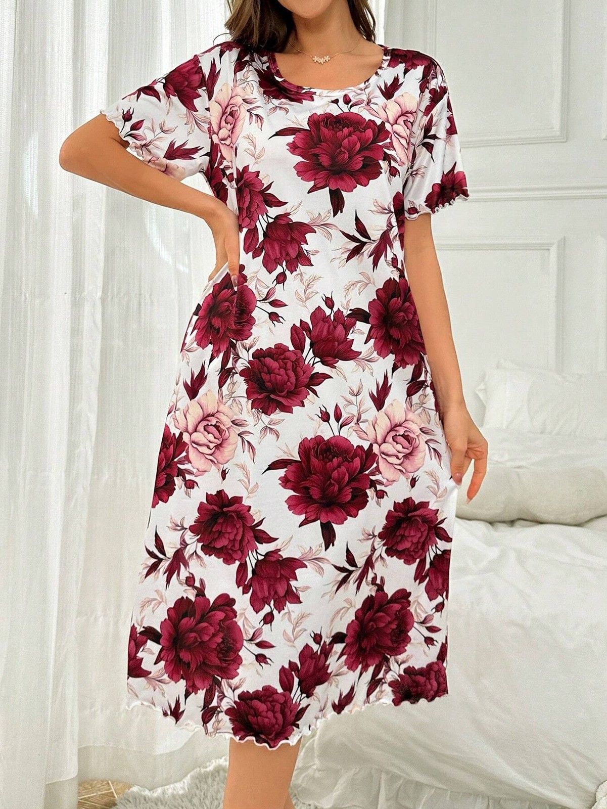 Floral Print Short Sleeve T Shirt Sleep Dress Comfy Loungewear For Cheap24