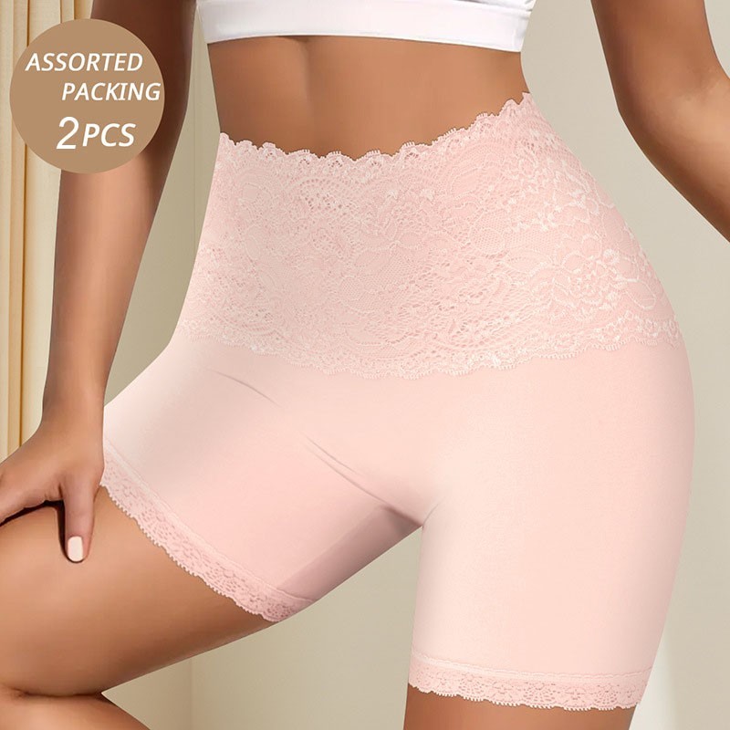 2 Pack High Waist Lace Cotton Boyshorts Anti Exposure Safety Underwear for Women