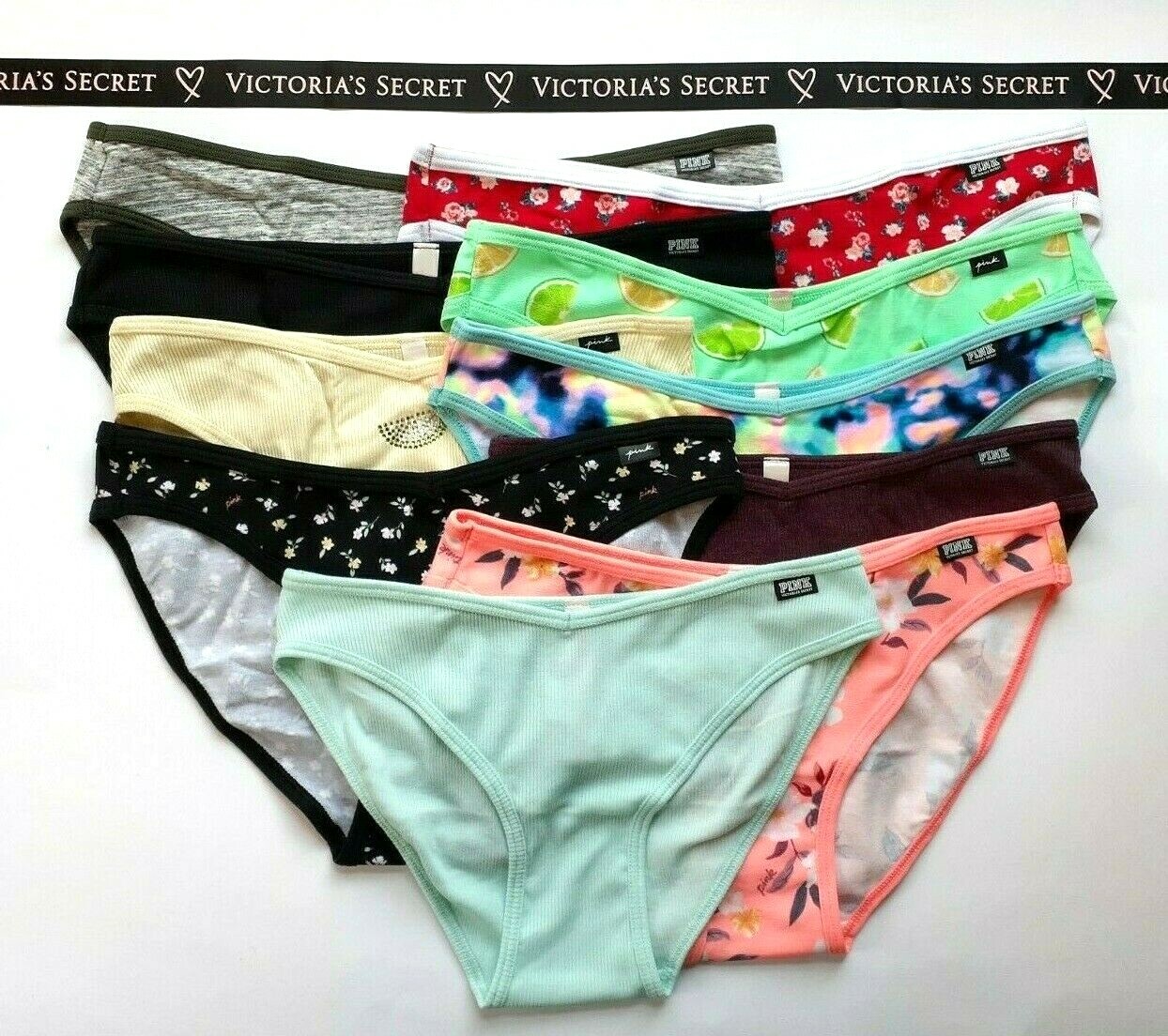 Victorias Secret V Cut Rib BIKINI Panty Pantie SEXY Cotton NWT Bling Floral PINK