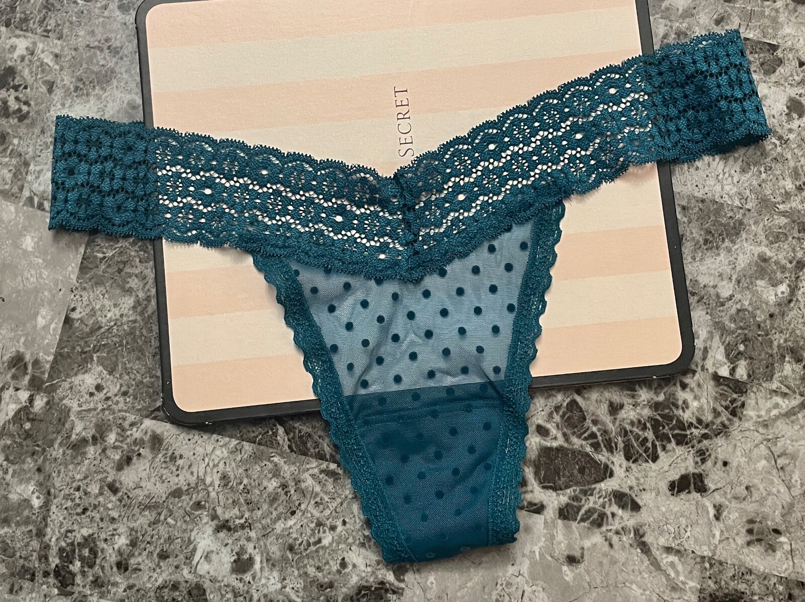 VICTORIA’S SECRET S TURQUOISE BLUE VELVET POLKA DOT LACE MESH RARE THONG PANTIES