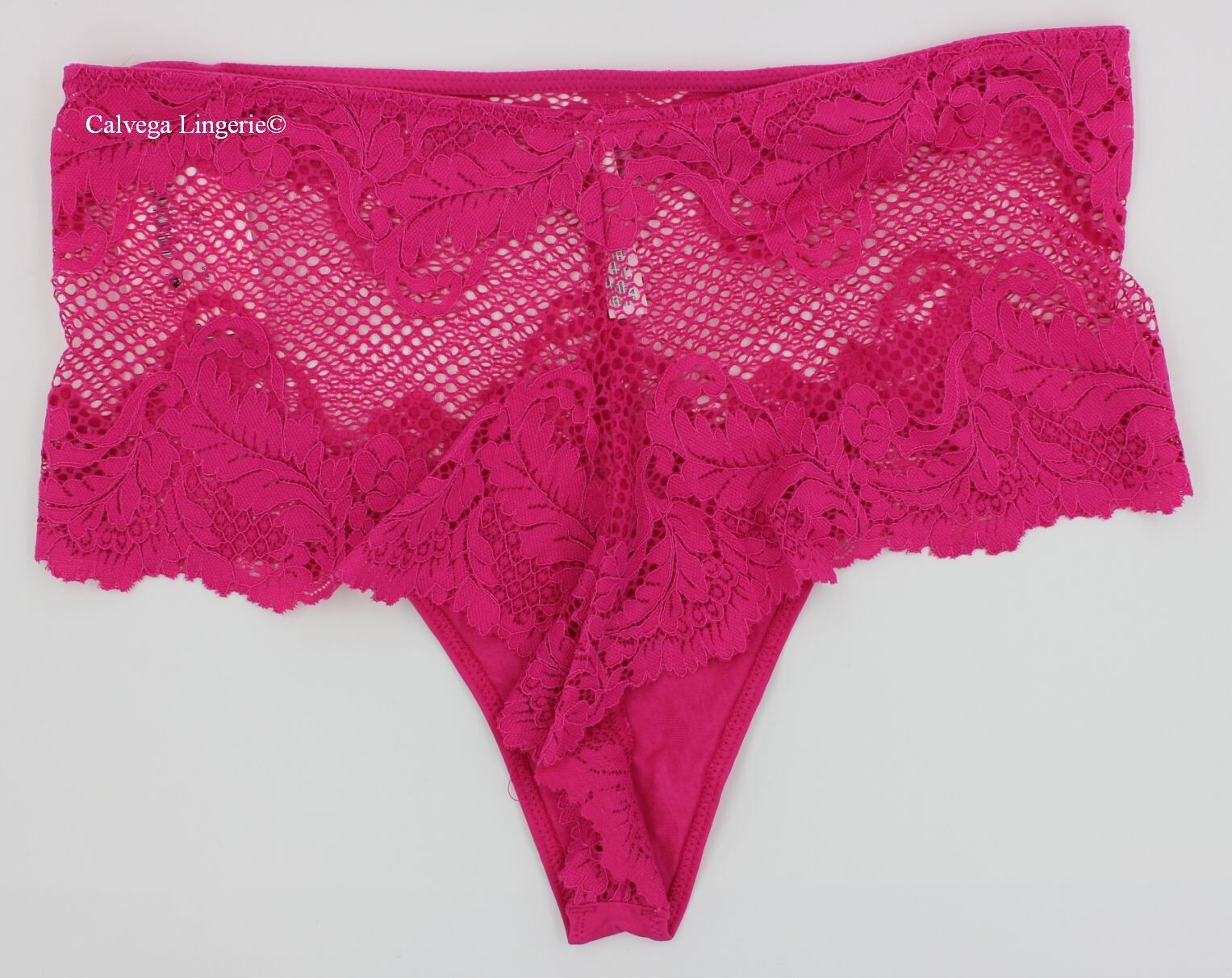 NWT Le Mystere 7946 “Lace Allure” Hi-Waist Lace / Fishnet Thong, Hot Pink