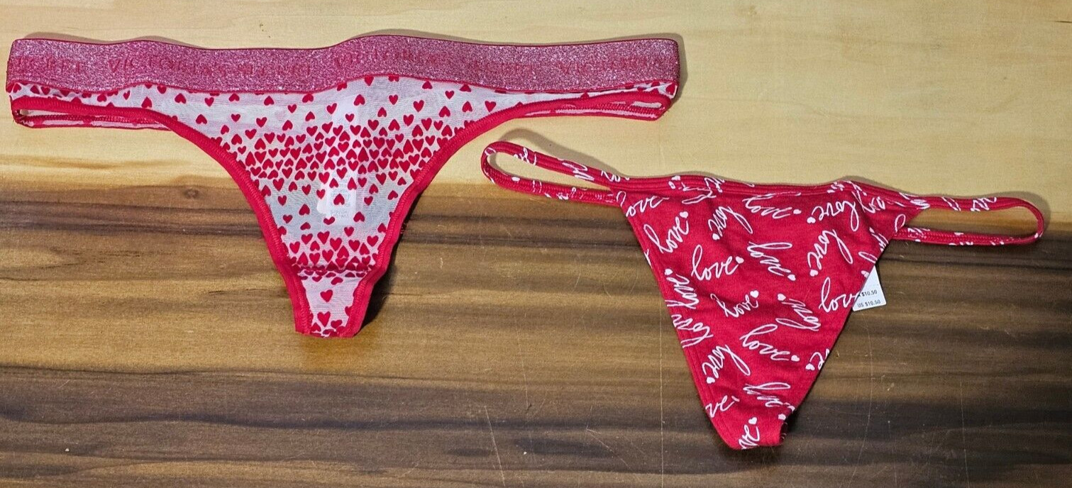 NWT Victoria’s Secret Glitter Logo Flocked Heart Mesh Thong & Cotton V-String -S