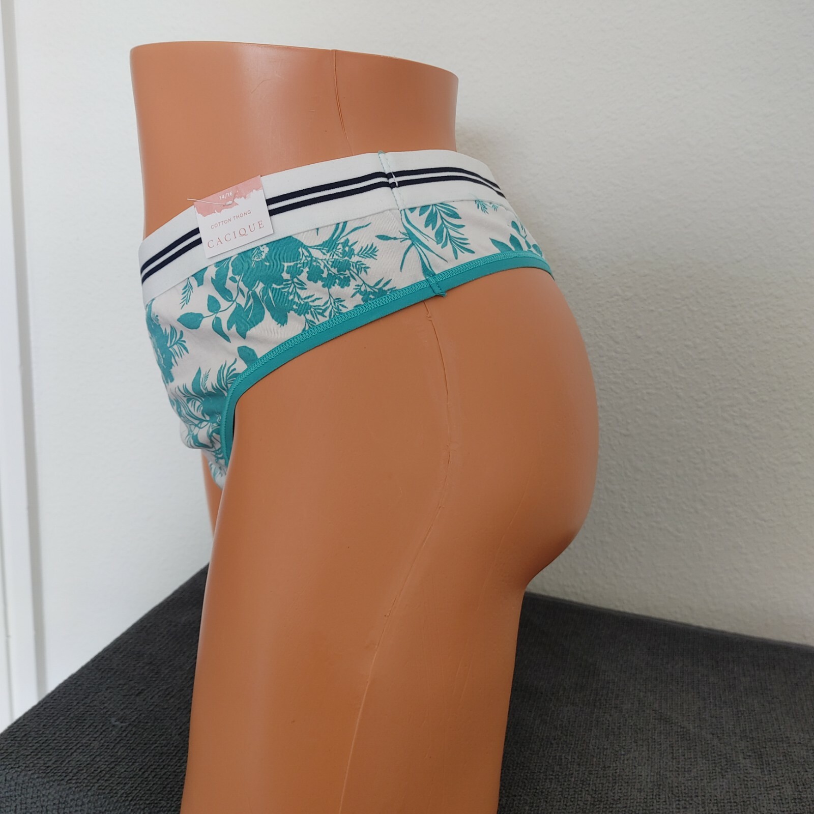 NWT LANE BRYANT CACIQUE PLUS 14/16 COTTON THONG PANTY TEAL BLUE FLORAL TROPICAL