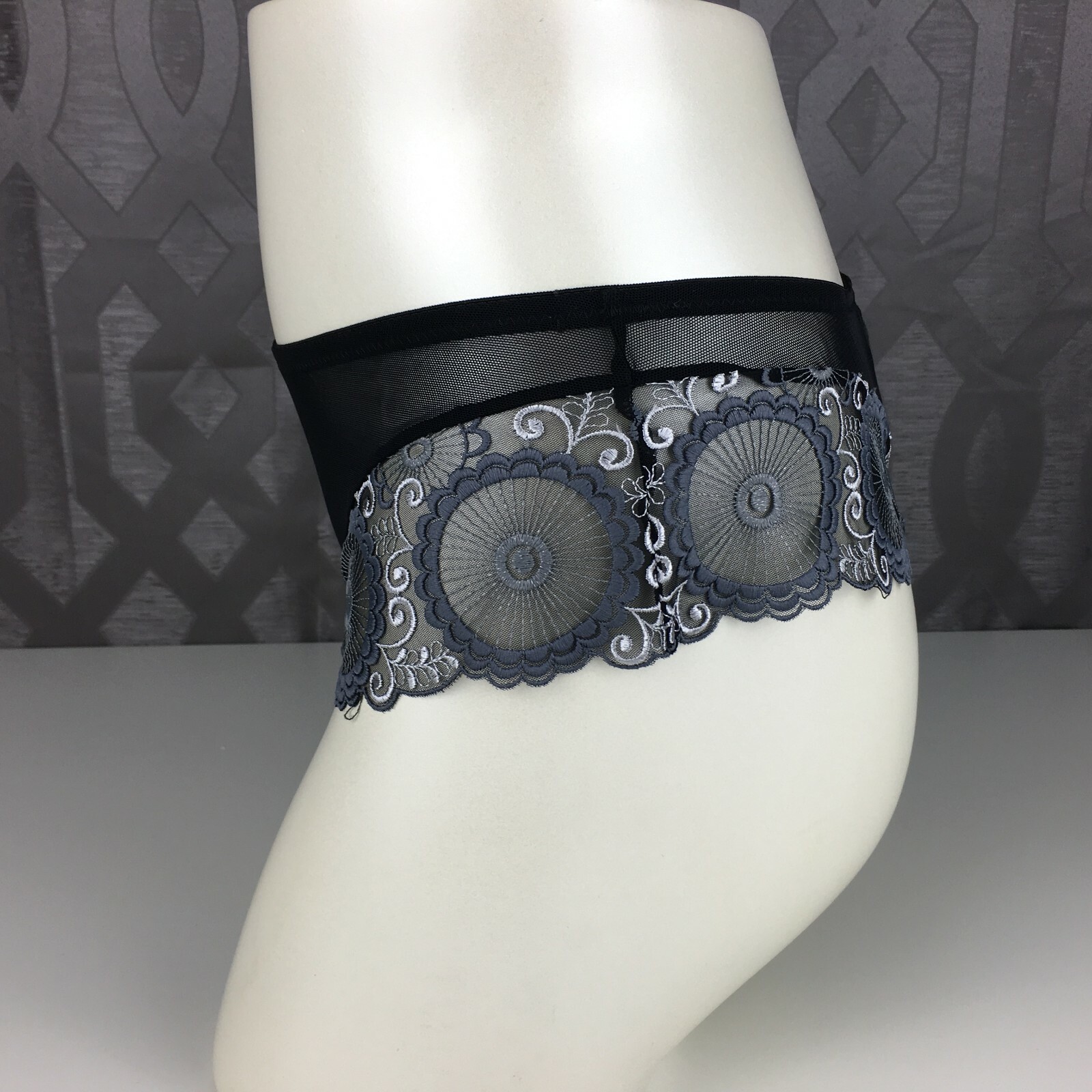 ALEGRO Black Embroidered Sheer Lace Hipster Thong Panty Lingerie – 9010-B