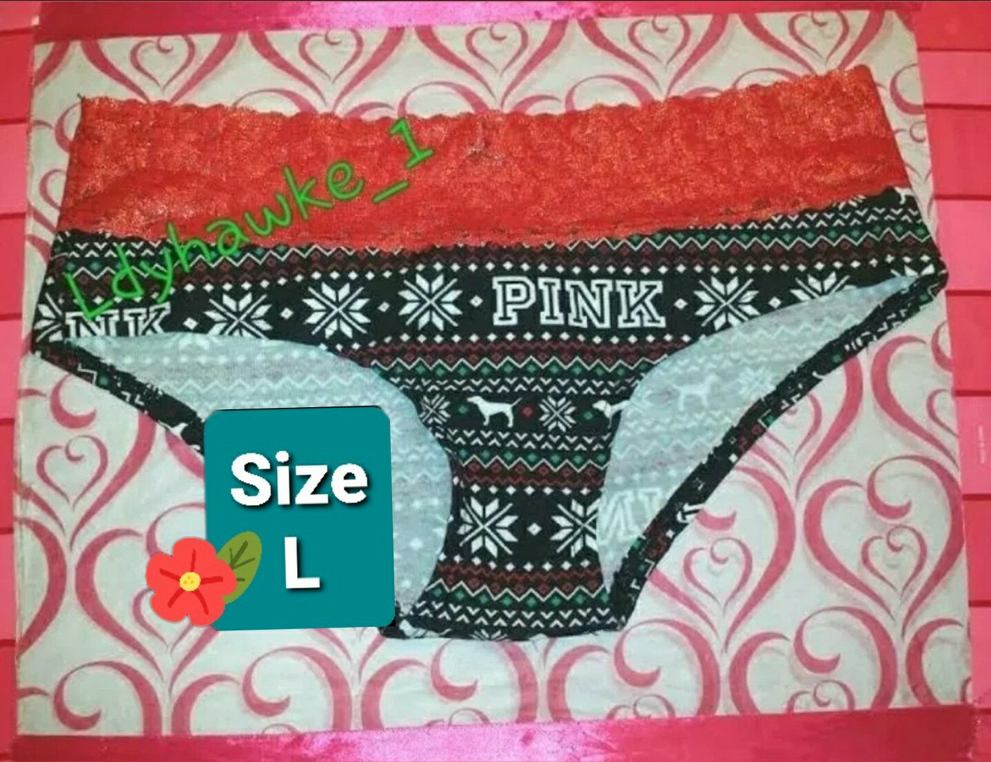 L Victoria’s Secret PINK Dog Fair Isle Panty Holiday Christmas Snow Shimmer