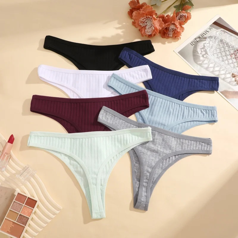 Low Rise Cotton Thong Panties Ribbed Stretch Breathable Soft Comfortable 6PCS