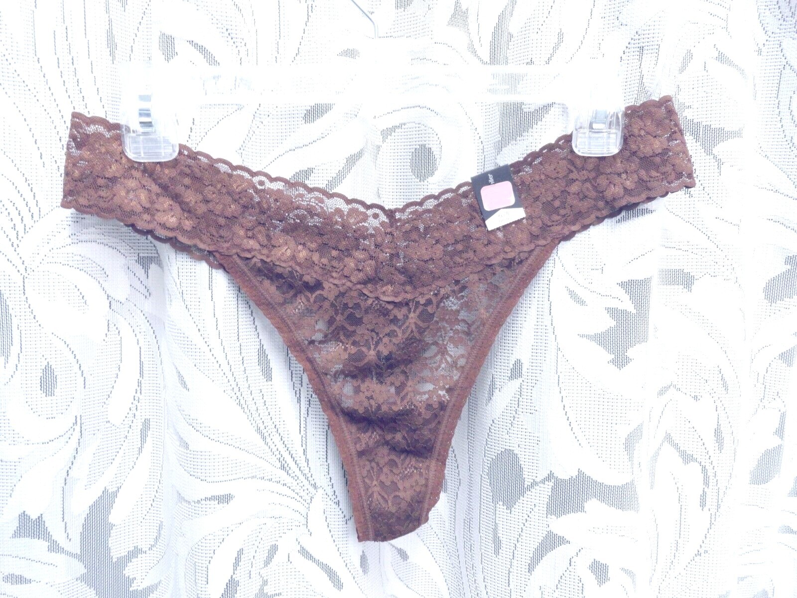 XL/8 AMBRIELLE SEMI-SHEER MESH LACE BROWN SHIMMER THONG BRIEFS PANTIES NEW