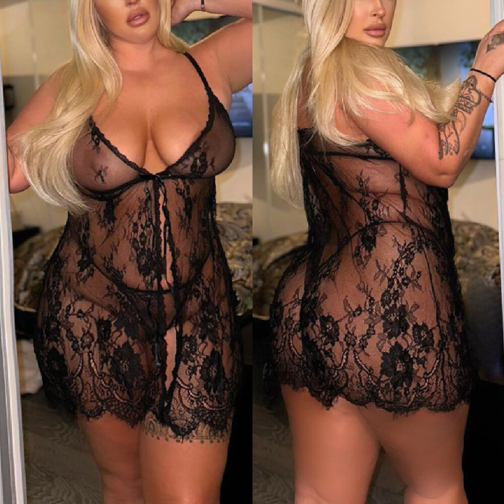Plus Size Women Sexy Lingerie Open Front Floral Lace Babydoll Sleepwear G-String