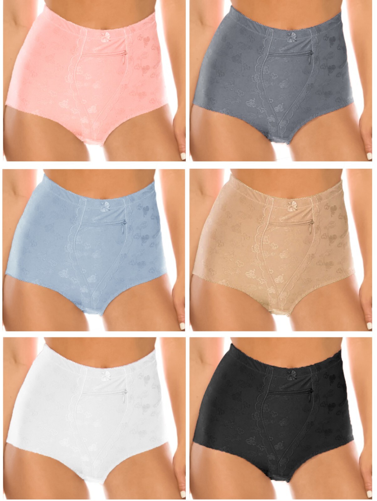 6 HIGH WAIST BRIEFS GIRDLES PANTIES TUMMY CONTROL ZIPPER TRAVEL SAFE POCKET 6905
