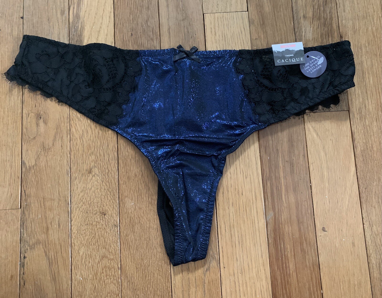 Plus Size 14/16 Lane Bryant Cacique Thong Panty Black Lace Blue Metallic Sparkle