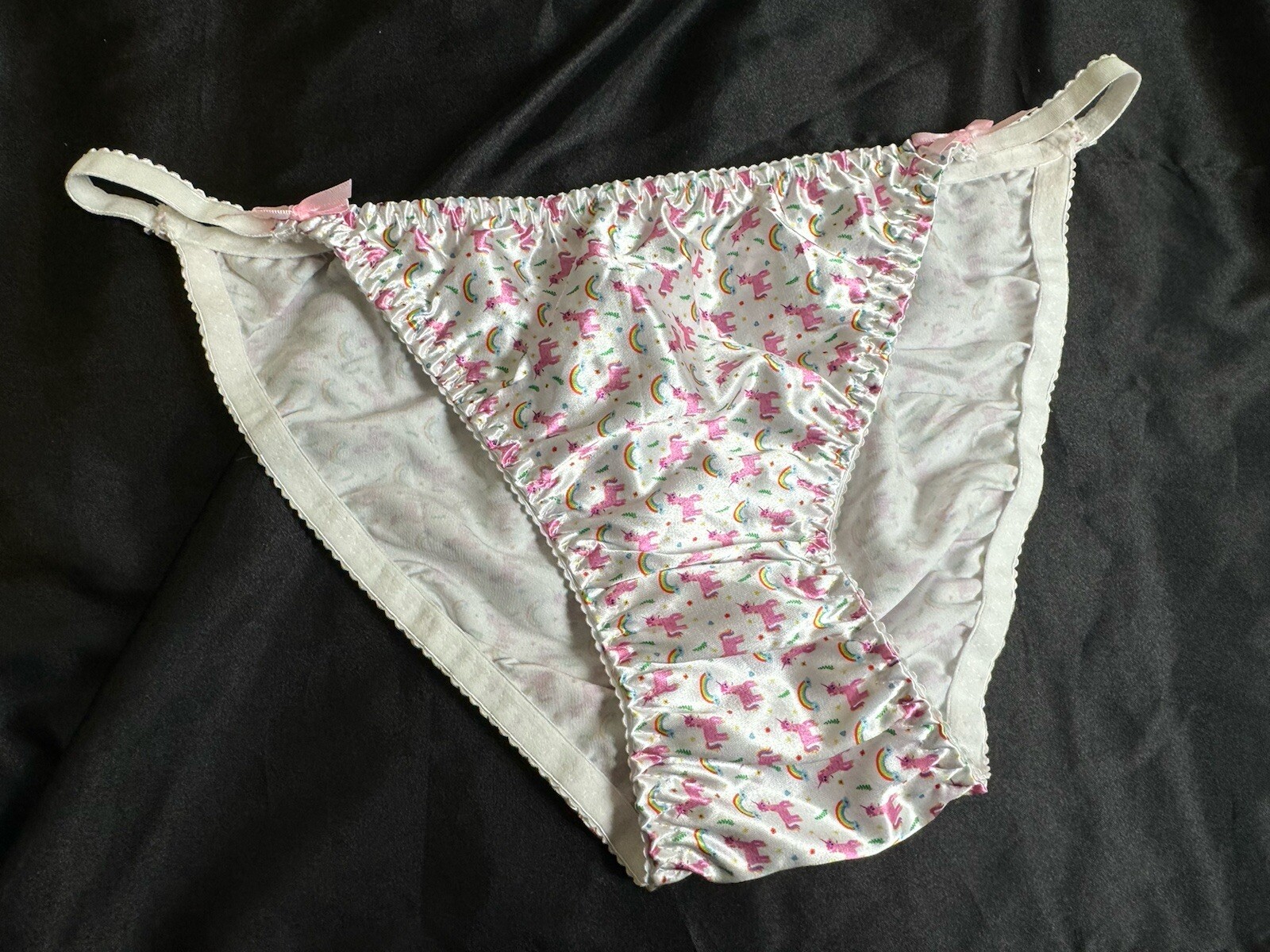 Handmade Shiny satin string bikini panties Satin Gusset Unicorn Rainbow XL