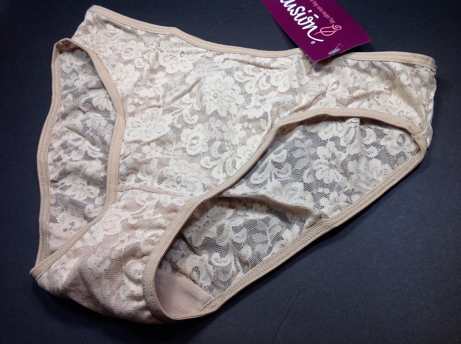 Women Panties,Bikinis Ilusion Size S. Beige Shiny Fishnet Floral W/Metallic Deco