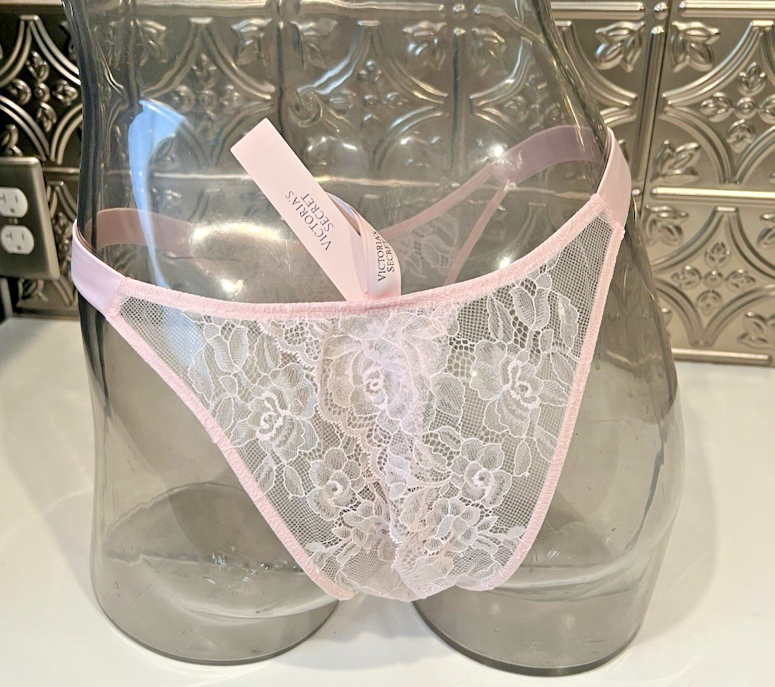 Victoria’s Secret Shine Strap Lace Crotchless Brazilian Panty M ANGEL PINK NWT