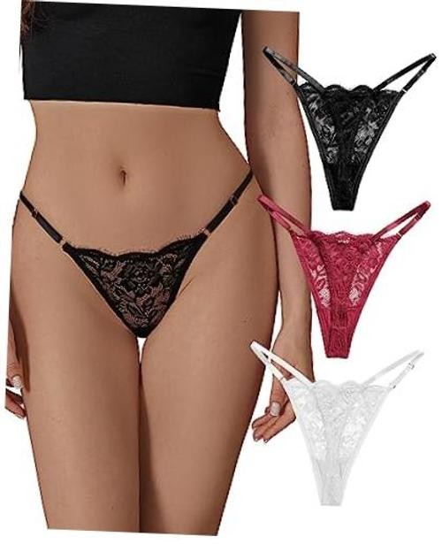Lace G-String Thongs for Women Adjustable Sexy Medium 3p03 (Black White Red)