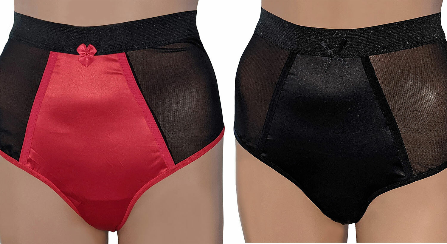 High Waist Vintage Style Knickers Satin & Mesh with Bows in Black or Black/Red