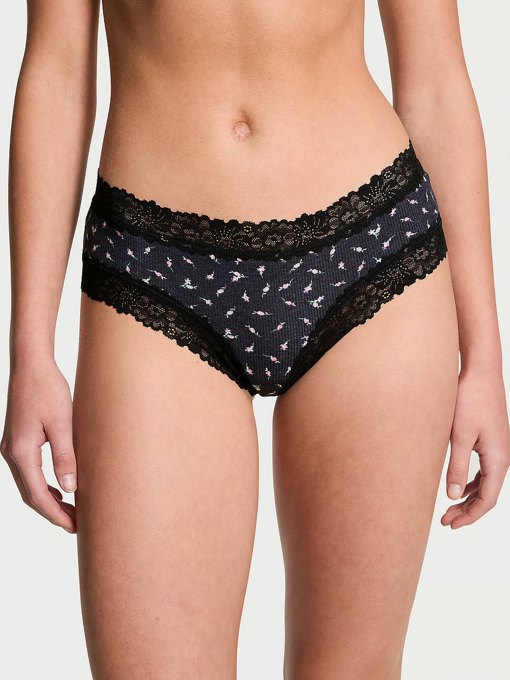 M Black Rose Rib Victoria’s Secret PINK WINK Lace-Waist & Leg Cheeky Pantie