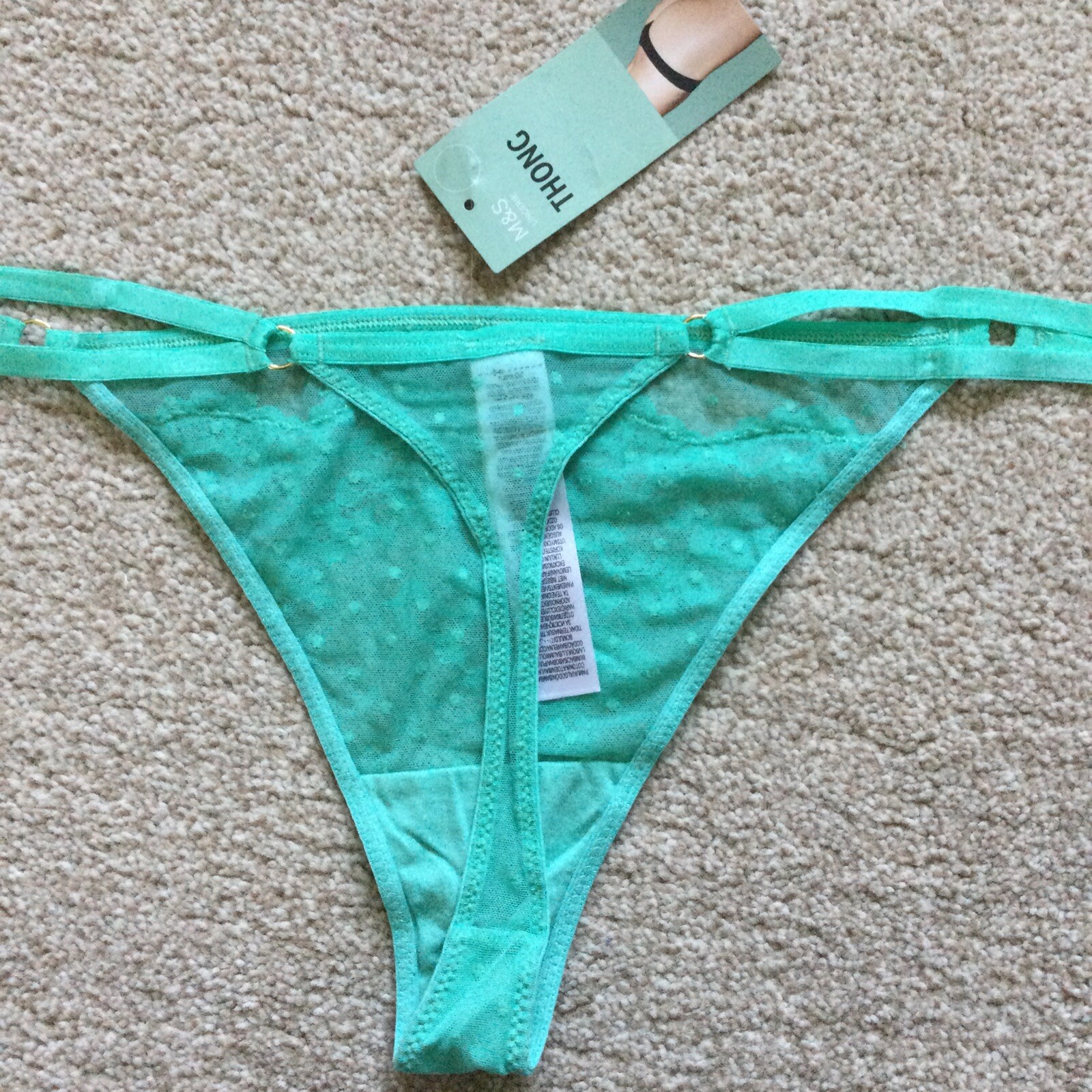 M&S Size 16 Ladies Lace Mesh Thong Knickers Light Jade Green Gold Ring Detail