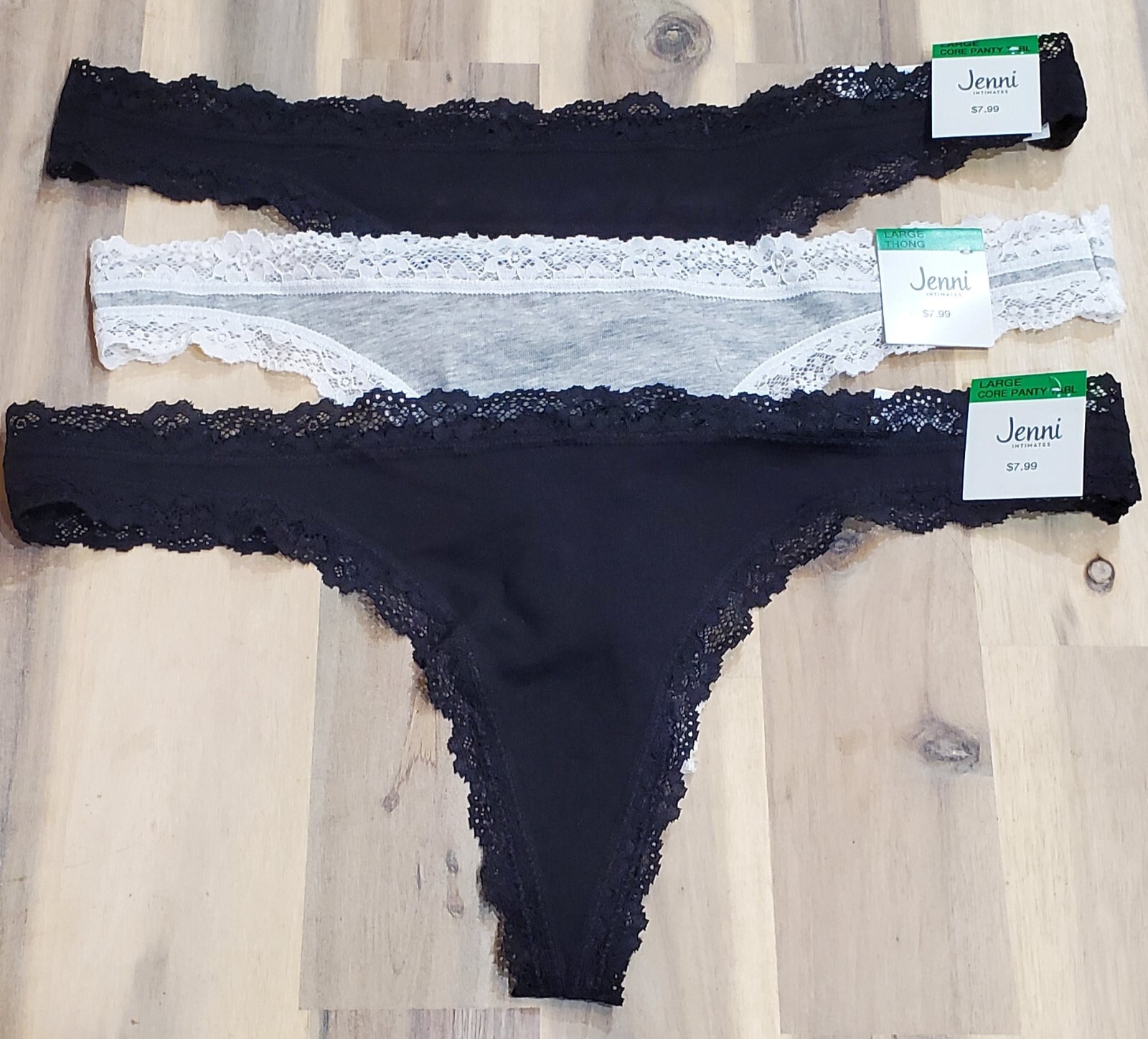 4 Pair Jenni by Jennifer Moore Size Large 95% Cotton Thong Panties Black/Grey