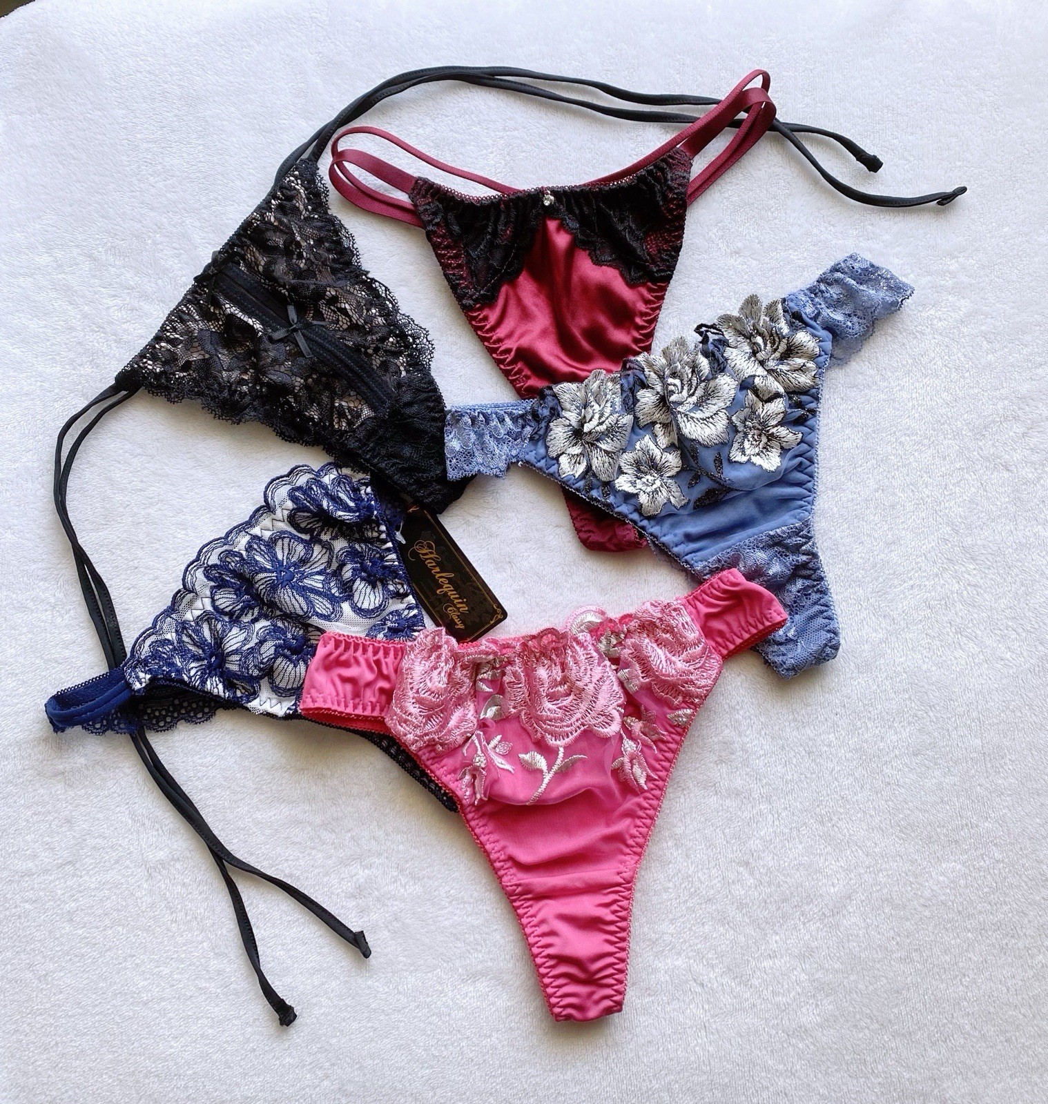 Set Of 5 Pairs US-S Japanese Brand Gorgeous Floral Embroidery String Thongs Set
