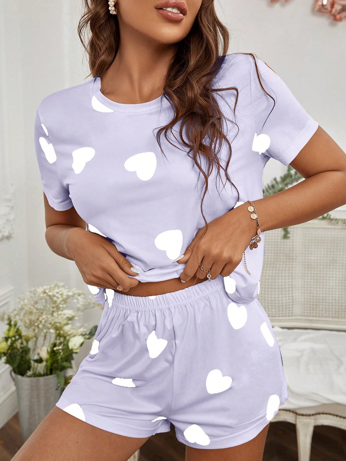 SweetSlumber Heart Pattern T Shirt & Shorts Pyjamas / Pyjama Set for Cheap24
