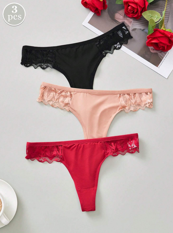 Sexy Cute Polyester Microfiber Lace Trim Thong Panties – Pack of 3