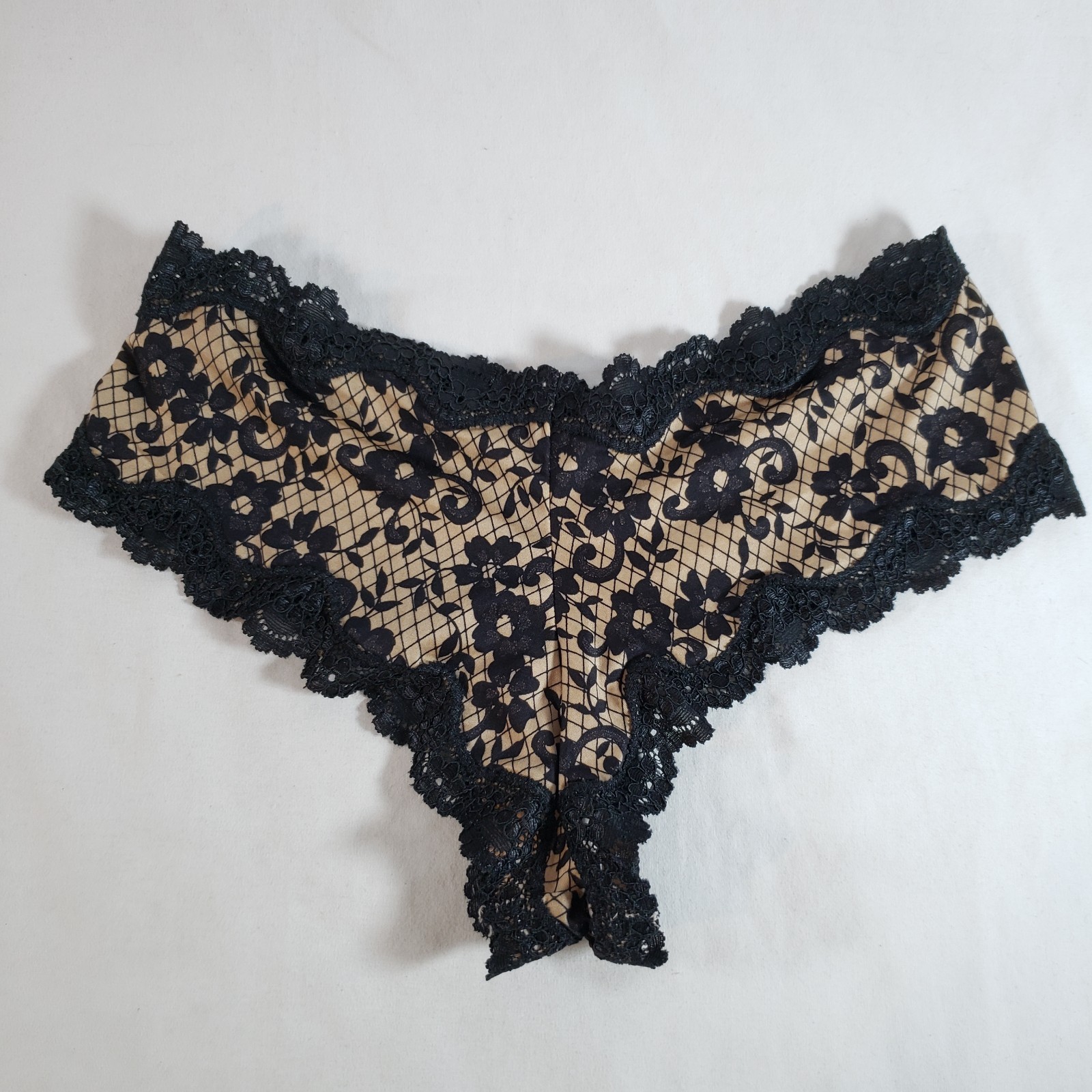 Victoria’s Secret Smooth Satin Cheeky Small Black Beige Fishnet Floral Lace