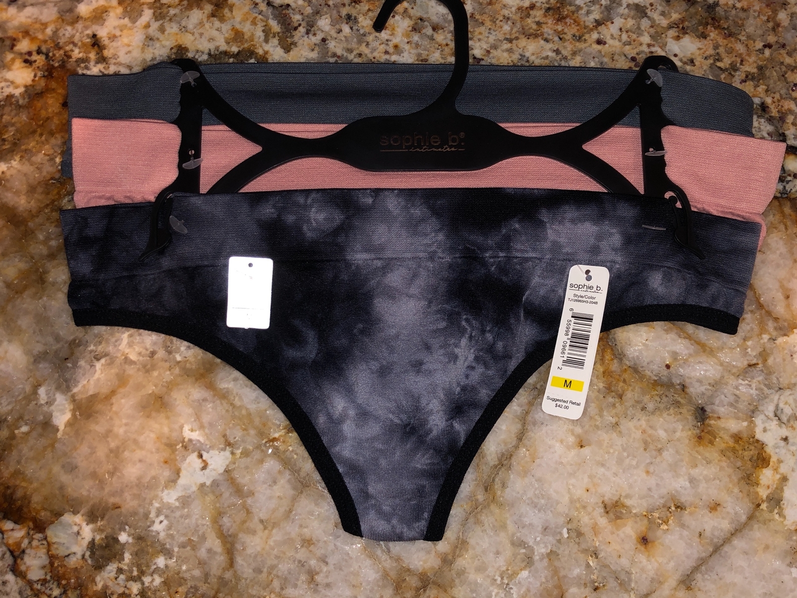 SOPHIE B 3 Pack Seamless Black Tie Dye Pink Grey Thong Panty NEW Womens M 6 L 7