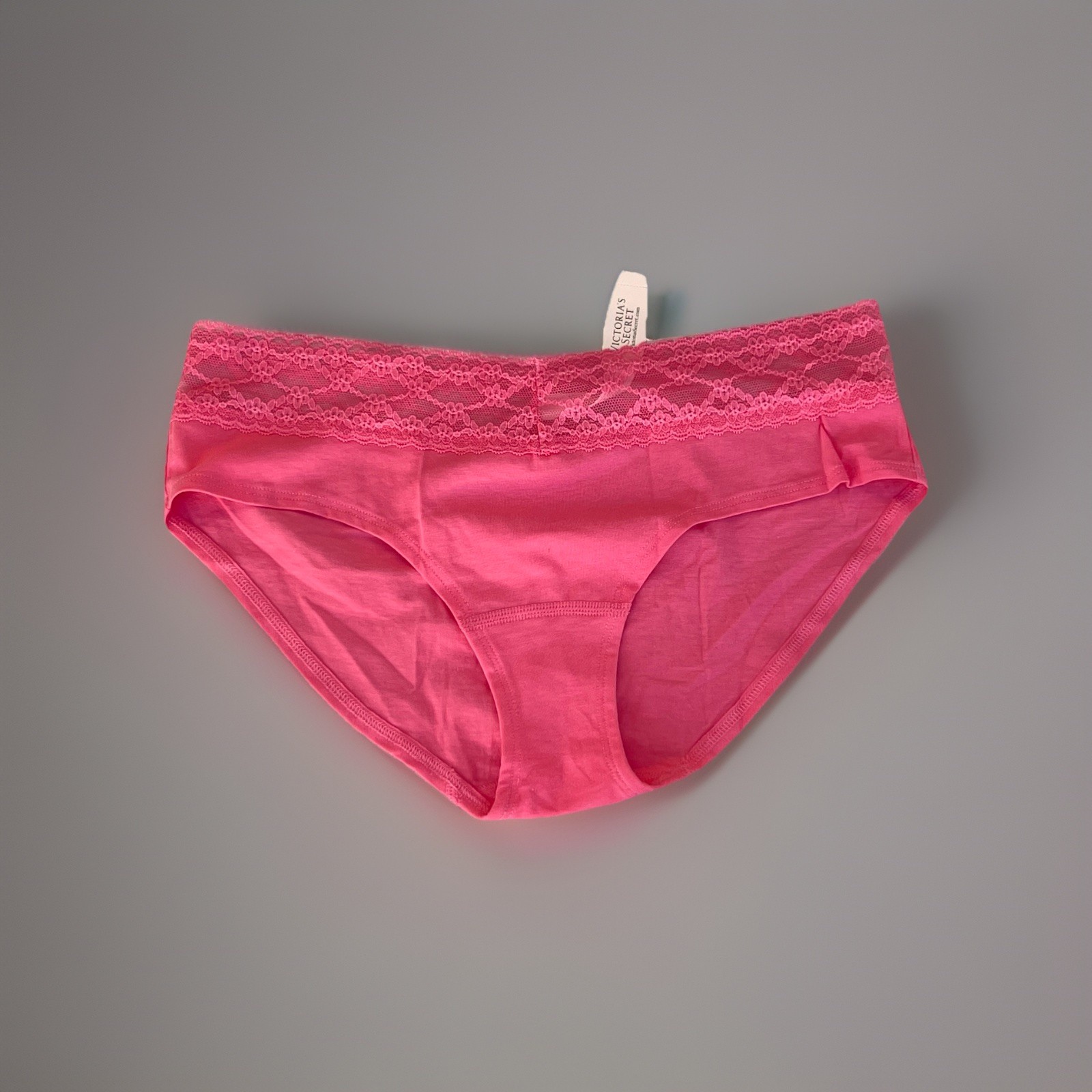 Vintage Victorias Secret Hot Pink Lace Trim Low Rise Hiphugger Panty Heart Logo