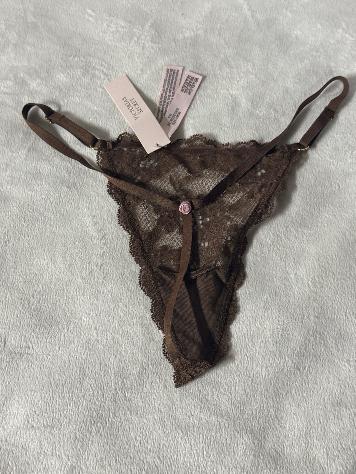 Victoria’s Secret NWT Brown Floral Lace V-String Thong Panty Rose Small